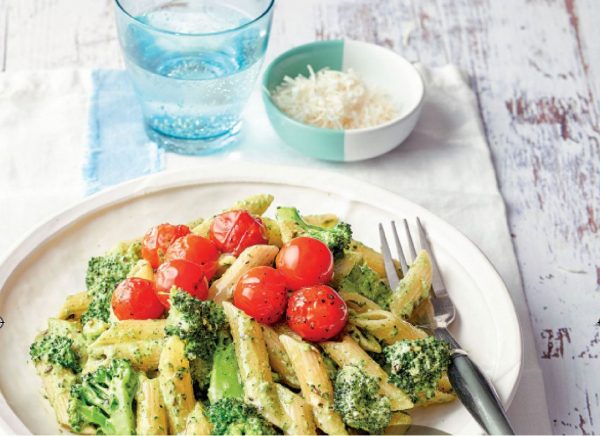Green Vegetable Pesto Penne with Balsamic Cherry Tomatoes
